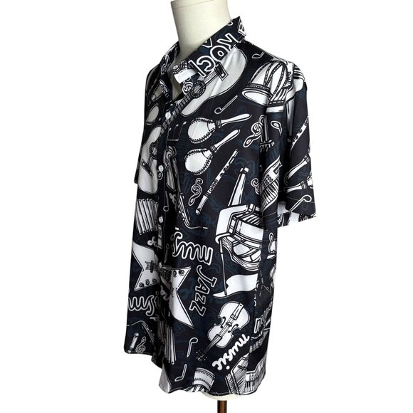 Manfinity Music Themed Button Up Shirt Large Black White Short Sleeve Hawaiian - Picture 3 of 7